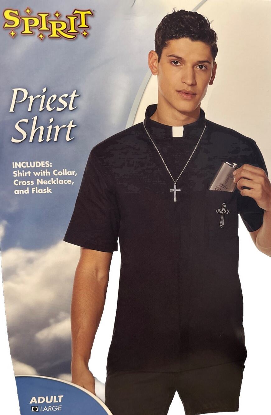Spirit Halloween Priest Shirt Size Large ShirtCross necklaceHoly water flask
